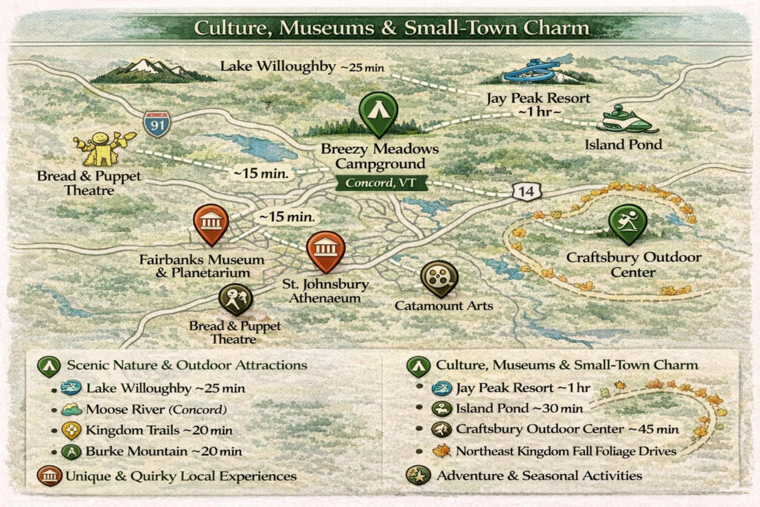 map shows the location of breezy meadows in relation to popular attractions in the area
